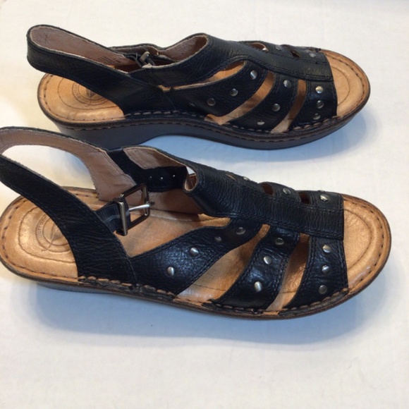 Nurture Black Leather Wedge Sandals Studded Shoes - Picture 2 of 11